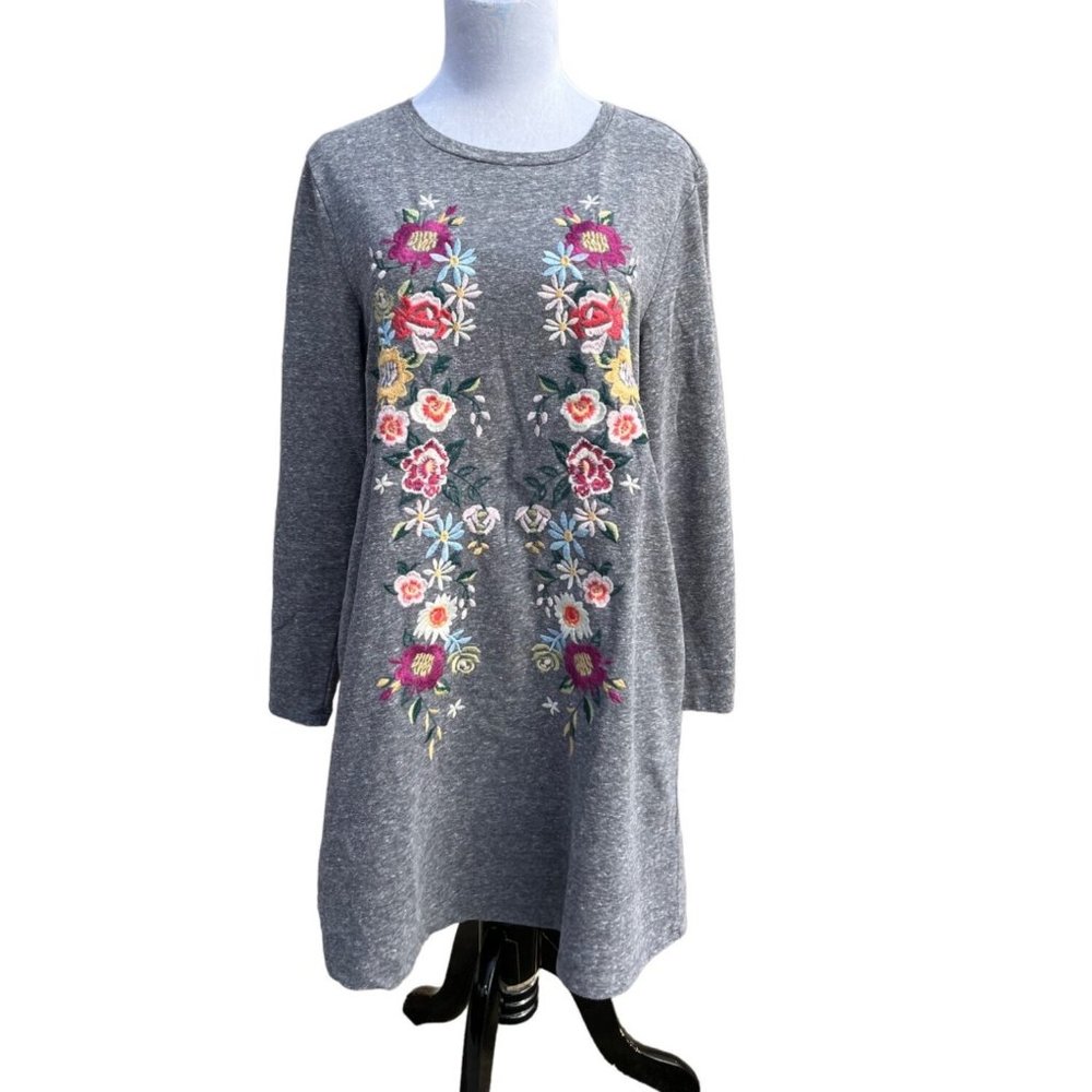 Umgee Dress/Tunic Embroidered Floral Gray Jersey -‎ Pockets!!!! Size Small
